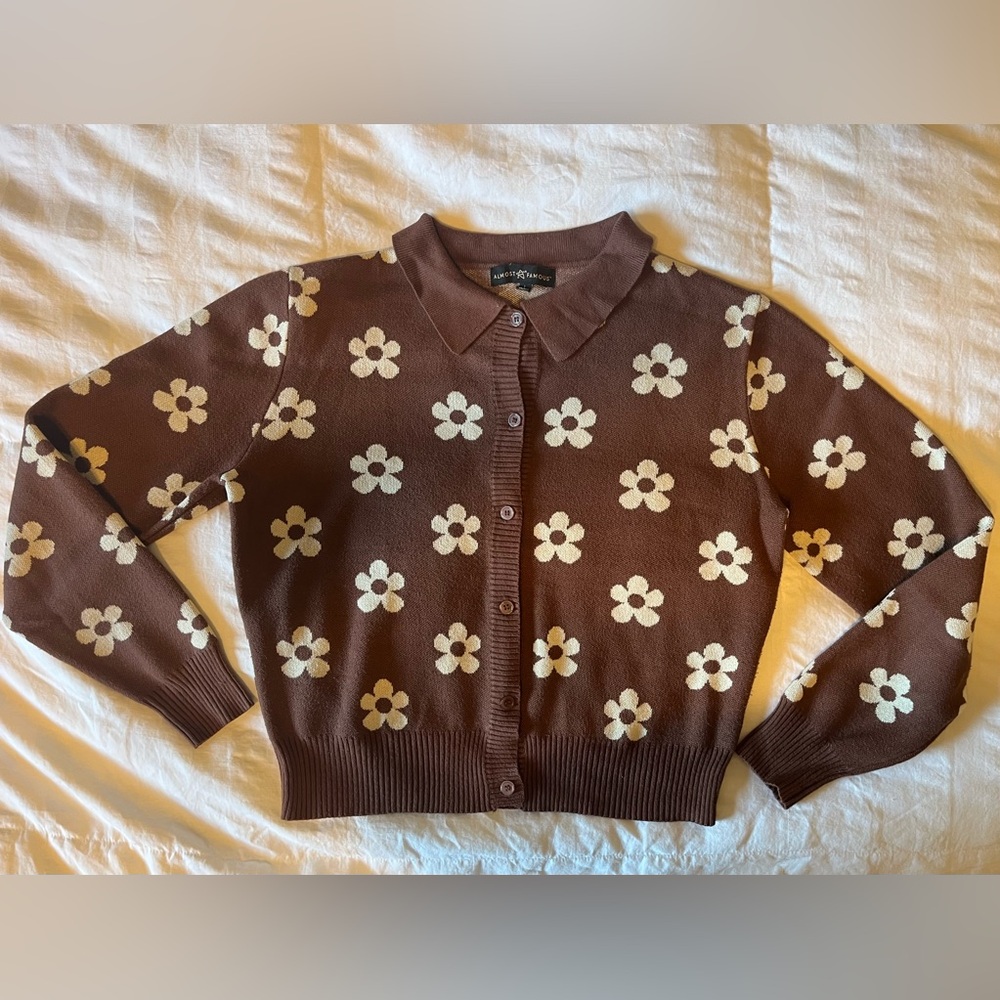Almost Famous Fall Brown Floral 70’s Style Y2K Sweater Cardigan Sz L